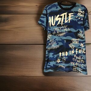 One Color Nation Blue Camouflage Camo Hustle Size M Motivation SS T-shirt Tee